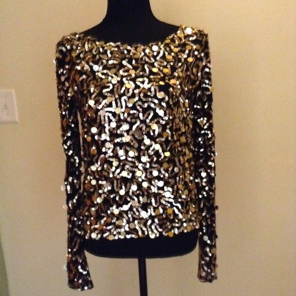 Alice + Olivia Tops - Alice and Olivia Pixie Gold Sequins Silk Top Blouse  Women's Small